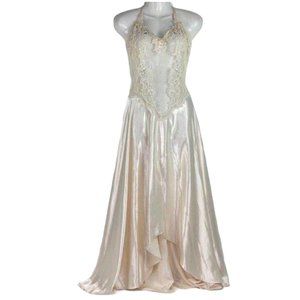 Vintage Victorias Secret L Bridal Nightgown Backless Halter Sheer Lace Front
